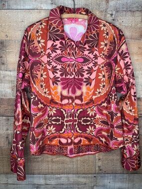 Flying Tomato Button Up Womens Medium Floral Purple Psychedelic Mod Boho Retro